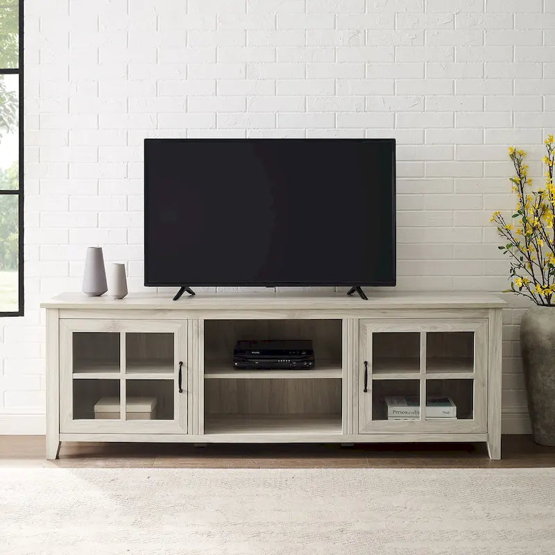 Meuble TV 70 po en Placage Gris / Noyer Foncé / Chêne Rustique / Bouleau avec Portes en Verre, peut accueillir un téléviseur jusqu'à 78 po