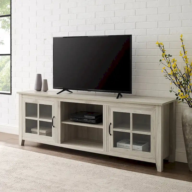 Meuble TV 70 po en Placage Gris / Noyer Foncé / Chêne Rustique / Bouleau avec Portes en Verre, peut accueillir un téléviseur jusqu'à 78 po