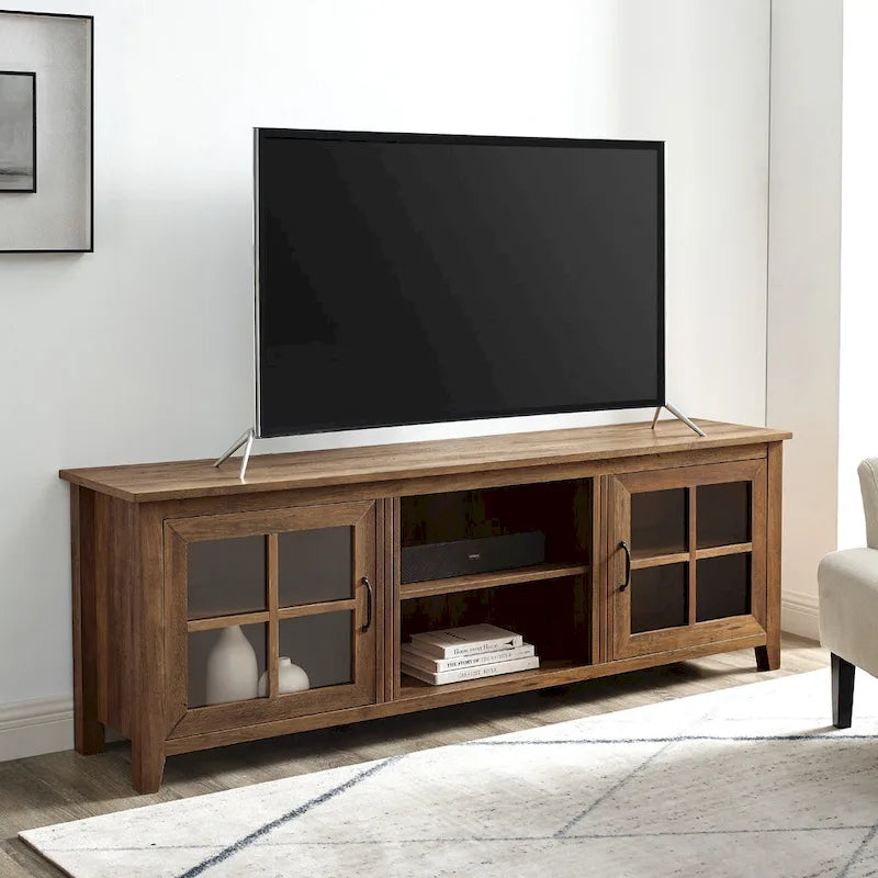 Meuble TV 70 po en Placage Gris / Noyer Foncé / Chêne Rustique / Bouleau avec Portes en Verre, peut accueillir un téléviseur jusqu'à 78 po