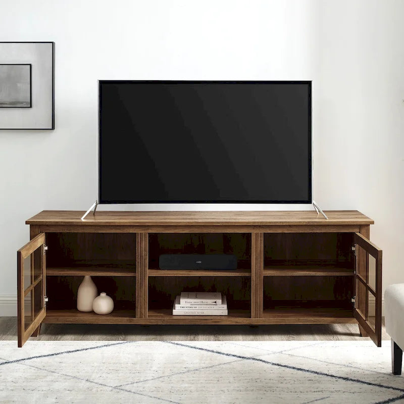 Meuble TV 70 po en Placage Gris / Noyer Foncé / Chêne Rustique / Bouleau avec Portes en Verre, peut accueillir un téléviseur jusqu'à 78 po