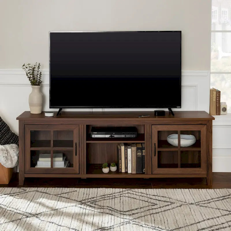Meuble TV 70 po en Placage Gris / Noyer Foncé / Chêne Rustique / Bouleau avec Portes en Verre, peut accueillir un téléviseur jusqu'à 78 po