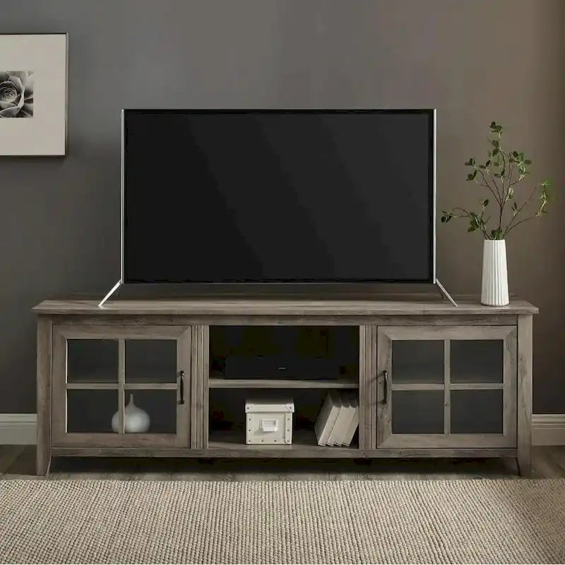 Meuble TV 70 po en Placage Gris / Noyer Foncé / Chêne Rustique / Bouleau avec Portes en Verre, peut accueillir un téléviseur jusqu'à 78 po