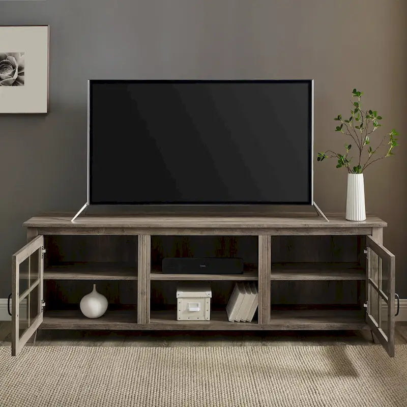 Meuble TV 70 po en Placage Gris / Noyer Foncé / Chêne Rustique / Bouleau avec Portes en Verre, peut accueillir un téléviseur jusqu'à 78 po