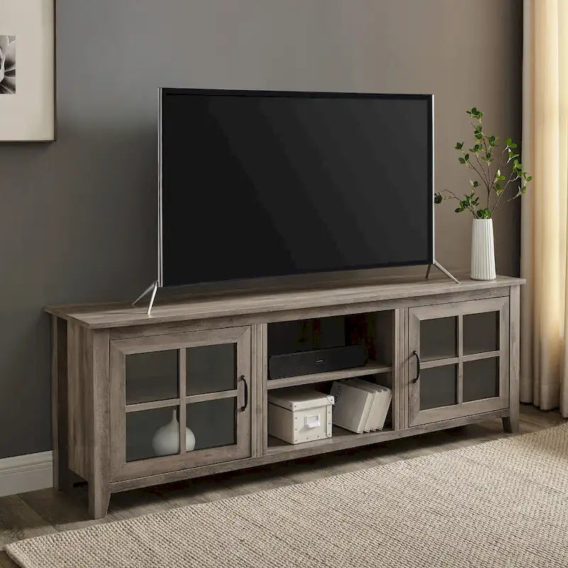 Meuble TV 70 po en Placage Gris / Noyer Foncé / Chêne Rustique / Bouleau avec Portes en Verre, peut accueillir un téléviseur jusqu'à 78 po