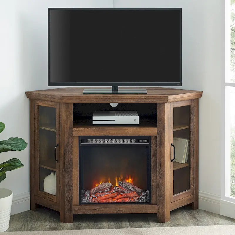 Meuble TV d'angle avec cheminée, 7 couleurs – Convient aux TV jusqu'à 55 po