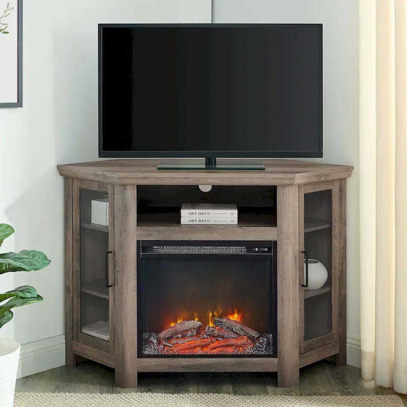 Meuble TV d'angle avec cheminée, 7 couleurs – Convient aux TV jusqu'à 55 po