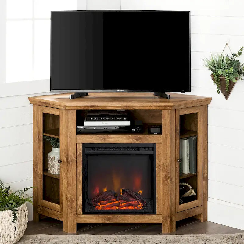Meuble TV d'angle avec cheminée, 7 couleurs – Convient aux TV jusqu'à 55 po