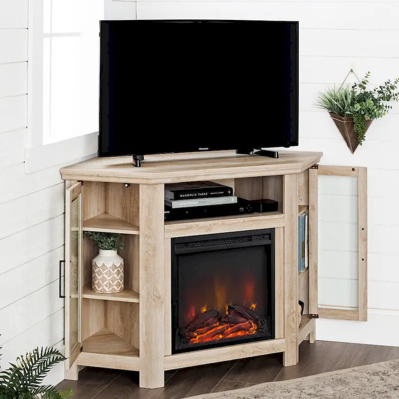 Meuble TV d'angle avec cheminée, 7 couleurs – Convient aux TV jusqu'à 55 po