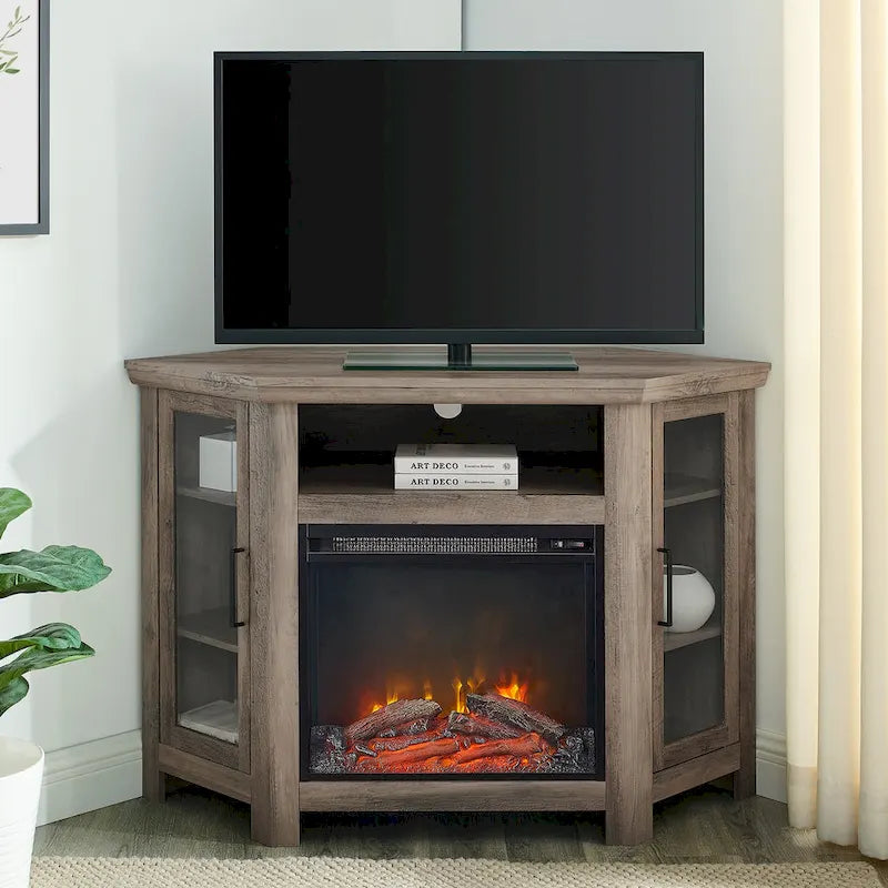 Meuble TV d'angle avec cheminée, 7 couleurs – Convient aux TV jusqu'à 55 po
