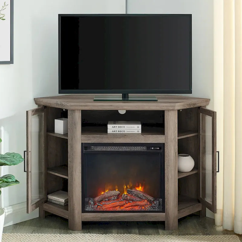 Meuble TV d'angle avec cheminée, 7 couleurs – Convient aux TV jusqu'à 55 po