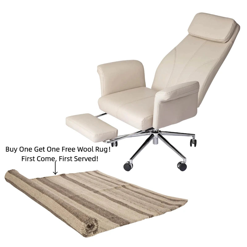 Fauteuil de bureau pivotant à dossier haut Ivoire/Chameau avec repose-pieds, simple, en cuir PU + tapis en laine de 1,5 m