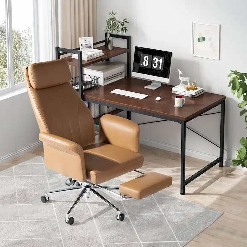 Fauteuil de bureau pivotant à dossier haut Ivoire/Chameau avec repose-pieds, simple, en cuir PU + tapis en laine de 1,5 m