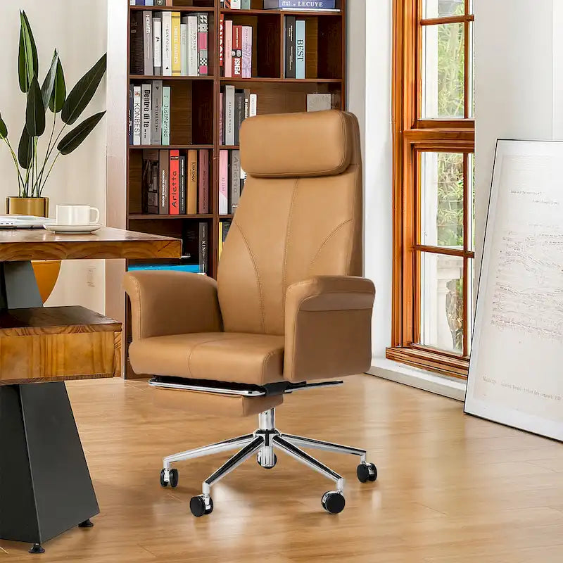 Fauteuil de bureau pivotant à dossier haut Ivoire/Chameau avec repose-pieds, simple, en cuir PU + tapis en laine de 1,5 m