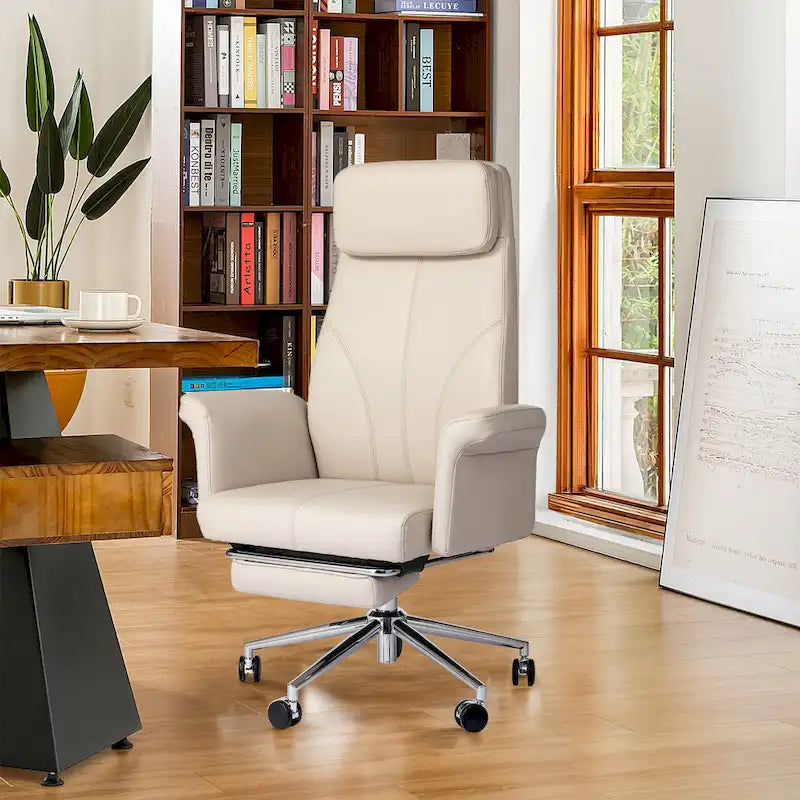 Fauteuil de bureau pivotant à dossier haut Ivoire/Chameau avec repose-pieds, simple, en cuir PU + tapis en laine de 1,5 m