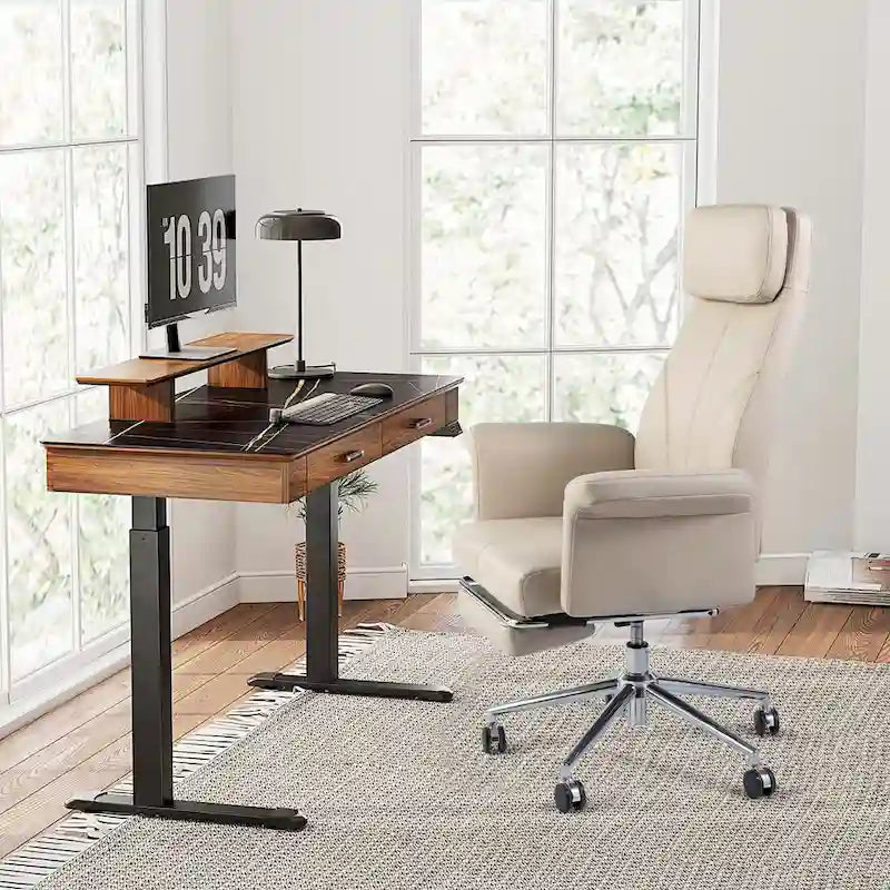 Fauteuil de bureau pivotant à dossier haut Ivoire/Chameau avec repose-pieds, simple, en cuir PU + tapis en laine de 1,5 m
