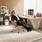 Fauteuil de bureau pivotant à dossier haut Ivoire/Chameau avec repose-pieds, simple, en cuir PU + tapis en laine de 1,5 m