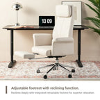 Fauteuil de bureau pivotant à dossier haut Ivoire/Chameau avec repose-pieds, simple, en cuir PU + tapis en laine de 1,5 m