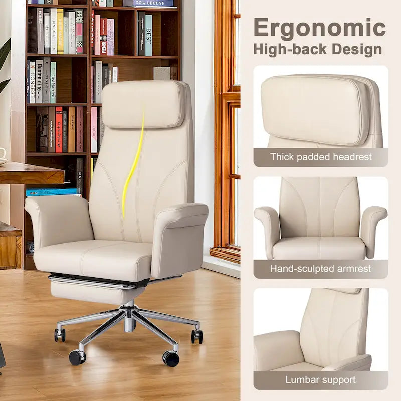 Fauteuil de bureau pivotant à dossier haut Ivoire/Chameau avec repose-pieds, simple, en cuir PU + tapis en laine de 1,5 m