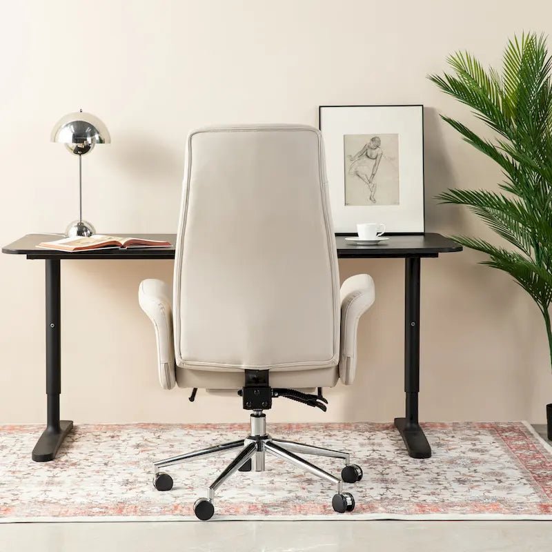 Fauteuil de bureau pivotant à dossier haut Ivoire/Chameau avec repose-pieds, simple, en cuir PU + tapis en laine de 1,5 m