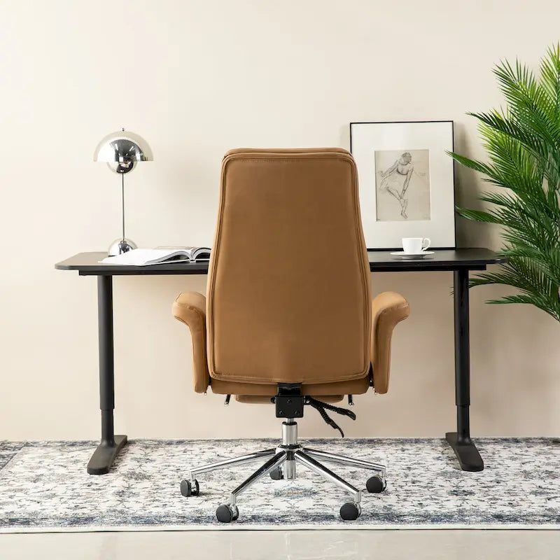 Fauteuil de bureau pivotant à dossier haut Ivoire/Chameau avec repose-pieds, simple, en cuir PU + tapis en laine de 1,5 m