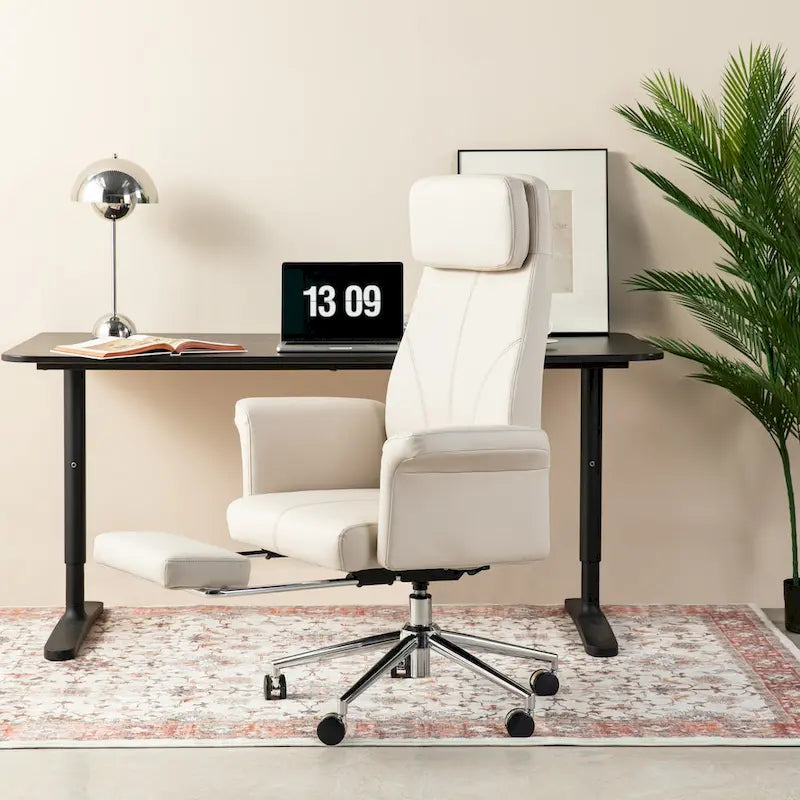 Fauteuil de bureau pivotant à dossier haut Ivoire/Chameau avec repose-pieds, simple, en cuir PU + tapis en laine de 1,5 m