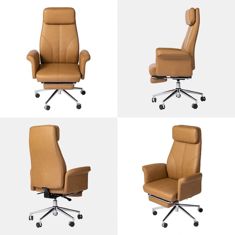 Fauteuil de bureau pivotant à dossier haut Ivoire/Chameau avec repose-pieds, simple, en cuir PU + tapis en laine de 1,5 m