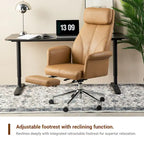 Fauteuil de bureau pivotant à dossier haut Ivoire/Chameau avec repose-pieds, simple, en cuir PU + tapis en laine de 1,5 m