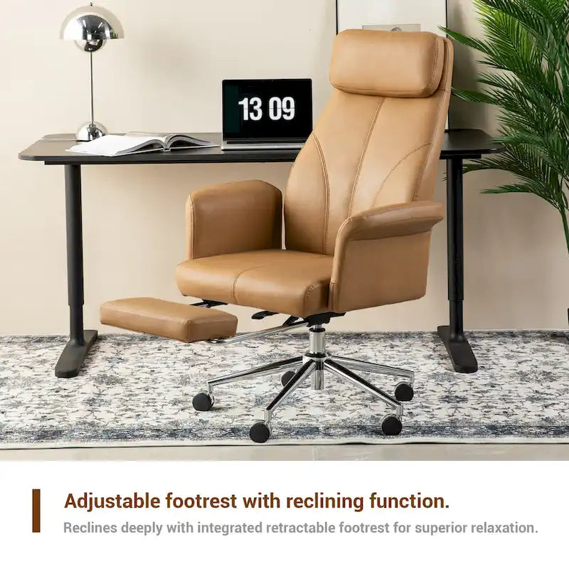 Fauteuil de bureau pivotant à dossier haut Ivoire/Chameau avec repose-pieds, simple, en cuir PU + tapis en laine de 1,5 m