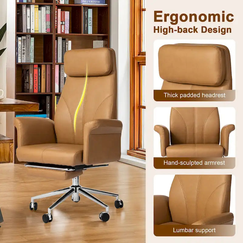 Fauteuil de bureau pivotant à dossier haut Ivoire/Chameau avec repose-pieds, simple, en cuir PU + tapis en laine de 1,5 m