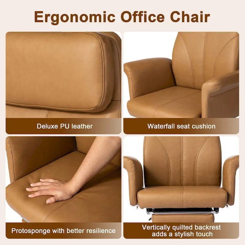 Fauteuil de bureau pivotant à dossier haut Ivoire/Chameau avec repose-pieds, simple, en cuir PU + tapis en laine de 1,5 m