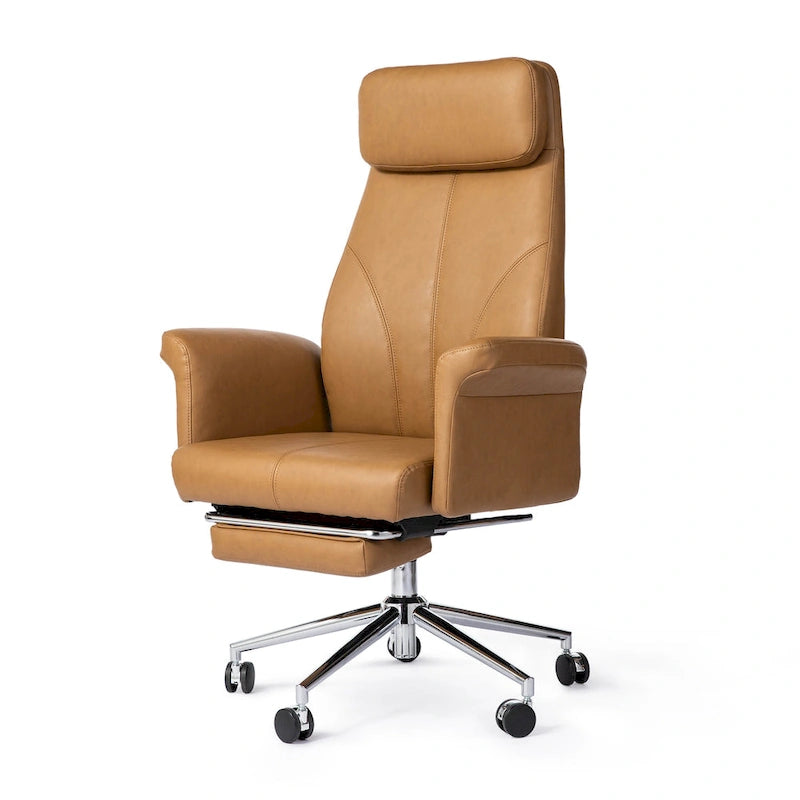 Fauteuil de bureau pivotant à dossier haut Ivoire/Chameau avec repose-pieds, simple, en cuir PU + tapis en laine de 1,5 m