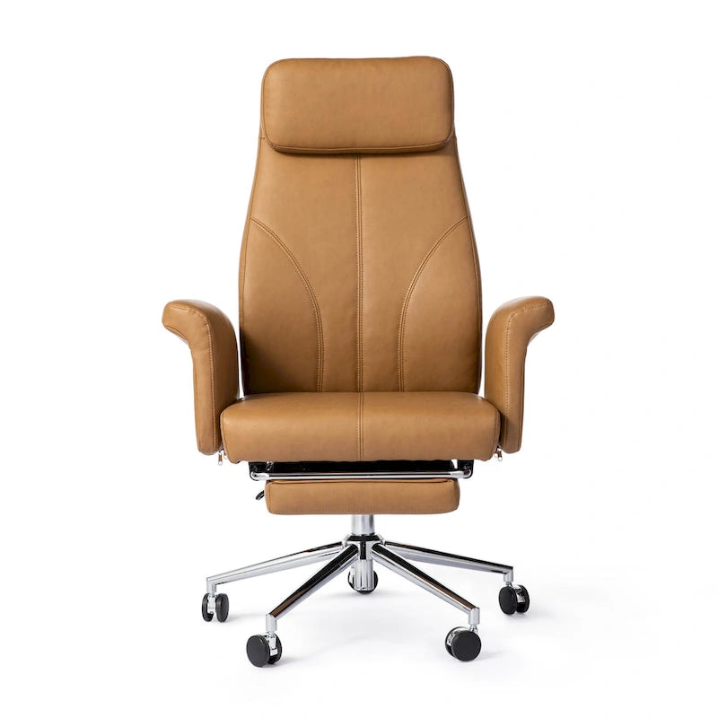 Fauteuil de bureau pivotant à dossier haut Ivoire/Chameau avec repose-pieds, simple, en cuir PU + tapis en laine de 1,5 m