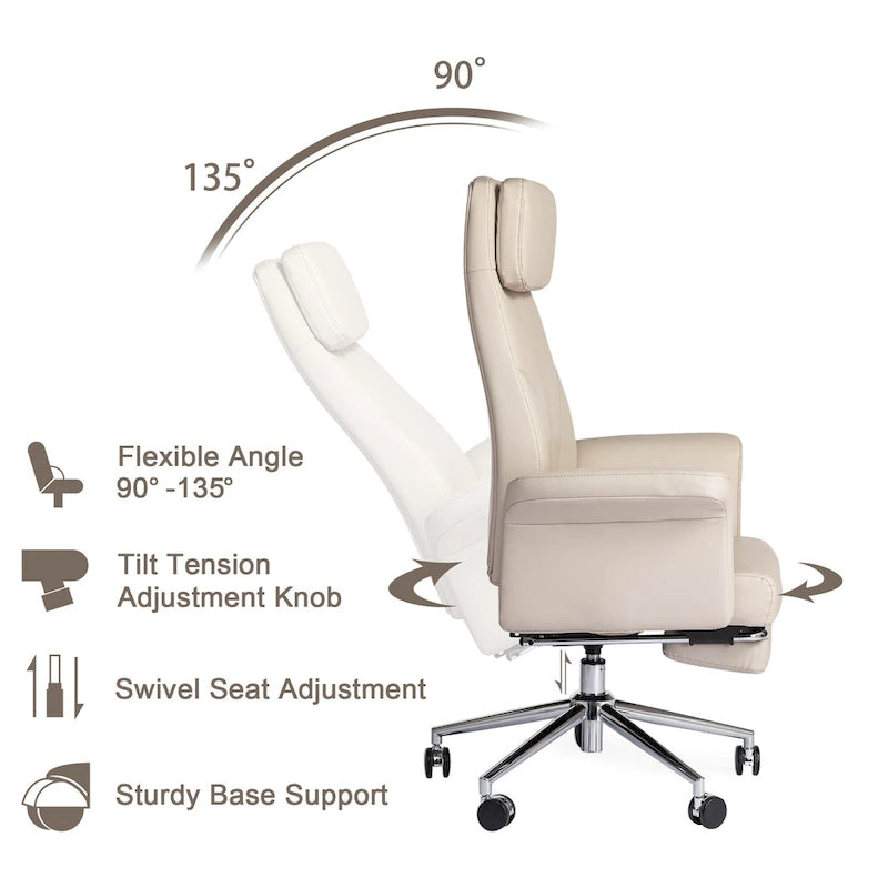 Fauteuil de bureau pivotant à dossier haut Ivoire/Chameau avec repose-pieds, simple, en cuir PU + tapis en laine de 1,5 m