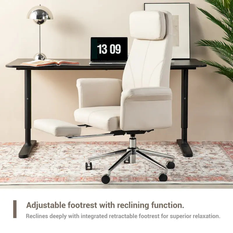 Fauteuil de bureau pivotant à dossier haut Ivoire/Chameau avec repose-pieds, simple, en cuir PU + tapis en laine de 1,5 m