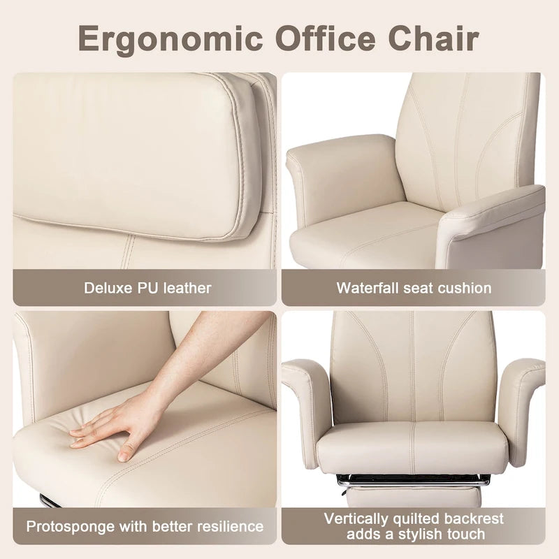 Fauteuil de bureau pivotant à dossier haut Ivoire/Chameau avec repose-pieds, simple, en cuir PU + tapis en laine de 1,5 m
