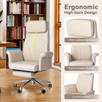 Fauteuil de bureau pivotant à dossier haut Ivoire/Chameau avec repose-pieds, simple, en cuir PU + tapis en laine de 1,5 m