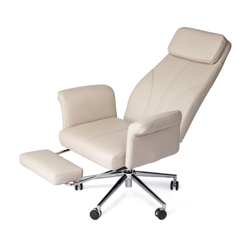 Fauteuil de bureau pivotant à dossier haut Ivoire/Chameau avec repose-pieds, simple, en cuir PU + tapis en laine de 1,5 m