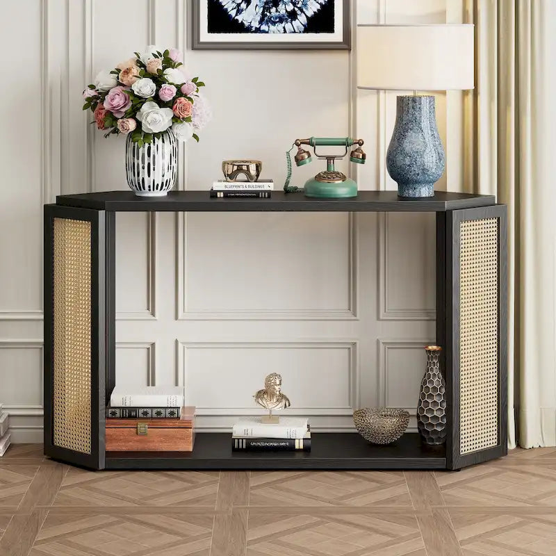 Console en flèche noire avec rotin tressé, 1 pièce
