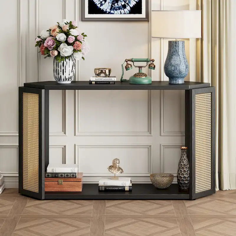 Console en flèche noire avec rotin tressé, 1 pièce