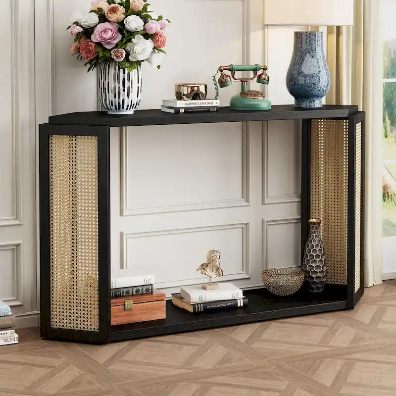 Console en flèche noire avec rotin tressé, 1 pièce