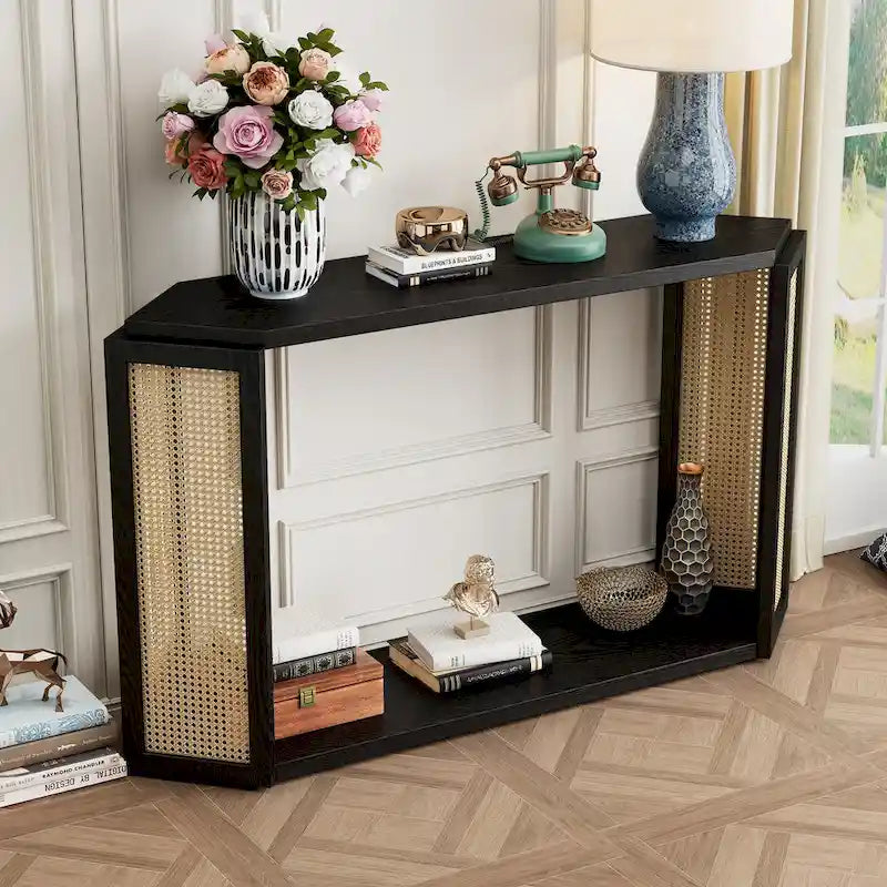 Console en flèche noire avec rotin tressé, 1 pièce