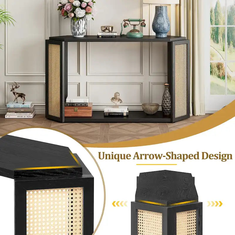 Console en flèche noire avec rotin tressé, 1 pièce