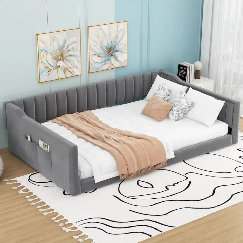 Canapé-lit gris / beige en velours avec rangement, grand double, peut accueillir 2 personnes