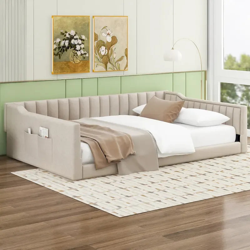 Canapé-lit gris / beige en velours avec rangement, grand double, peut accueillir 2 personnes