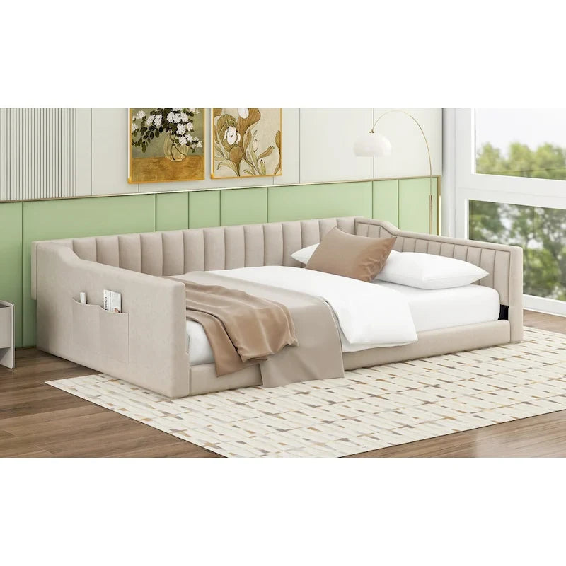 Canapé-lit gris / beige en velours avec rangement, grand double, peut accueillir 2 personnes