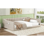 Canapé-lit gris / beige en velours avec rangement, grand double, peut accueillir 2 personnes