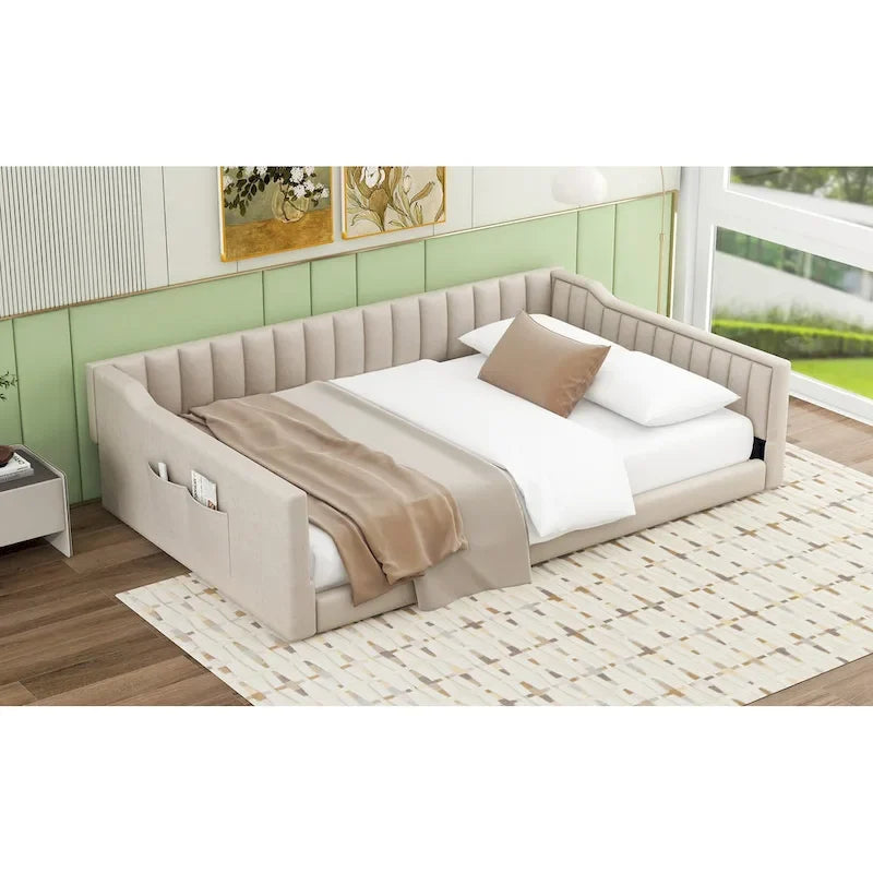Canapé-lit gris / beige en velours avec rangement, grand double, peut accueillir 2 personnes