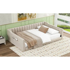 Canapé-lit gris / beige en velours avec rangement, grand double, peut accueillir 2 personnes