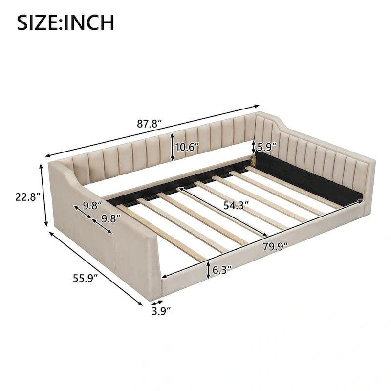 Canapé-lit gris / beige en velours avec rangement, grand double, peut accueillir 2 personnes