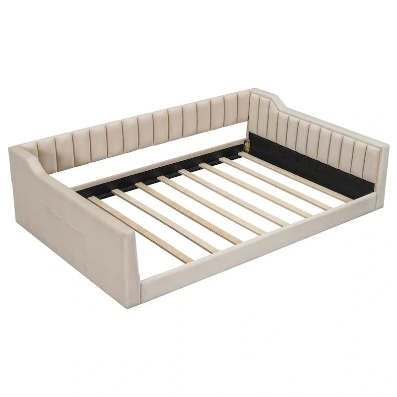 Canapé-lit gris / beige en velours avec rangement, grand double, peut accueillir 2 personnes